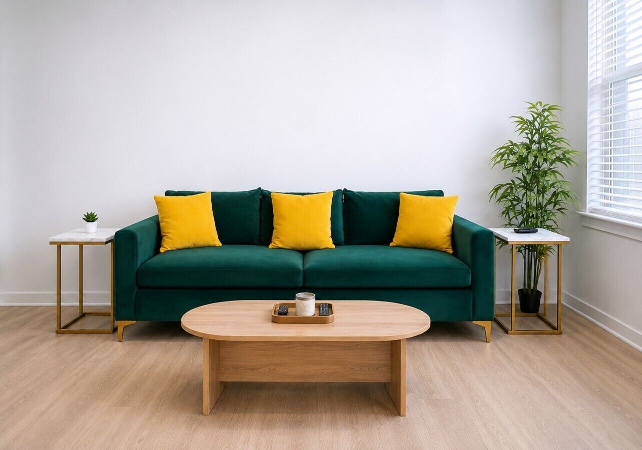 Um sofá verde com almofadas amarelas, uma mesa de centro redonda de madeira e duas mesinhas de cabeceira com plantas.