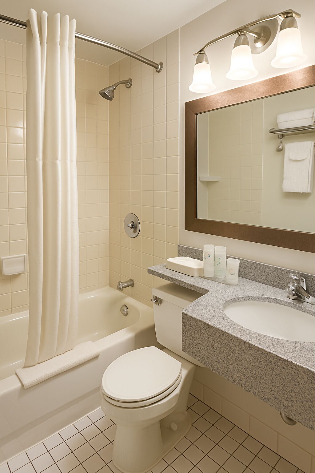 Secadora de cabello, toallas, jabón, papel de baño 