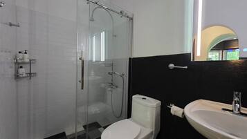 Hair dryer, towels, soap, shampoo