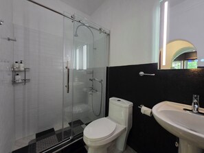 Secador de cabelo, toalhas de banho, sabonete, shampoo