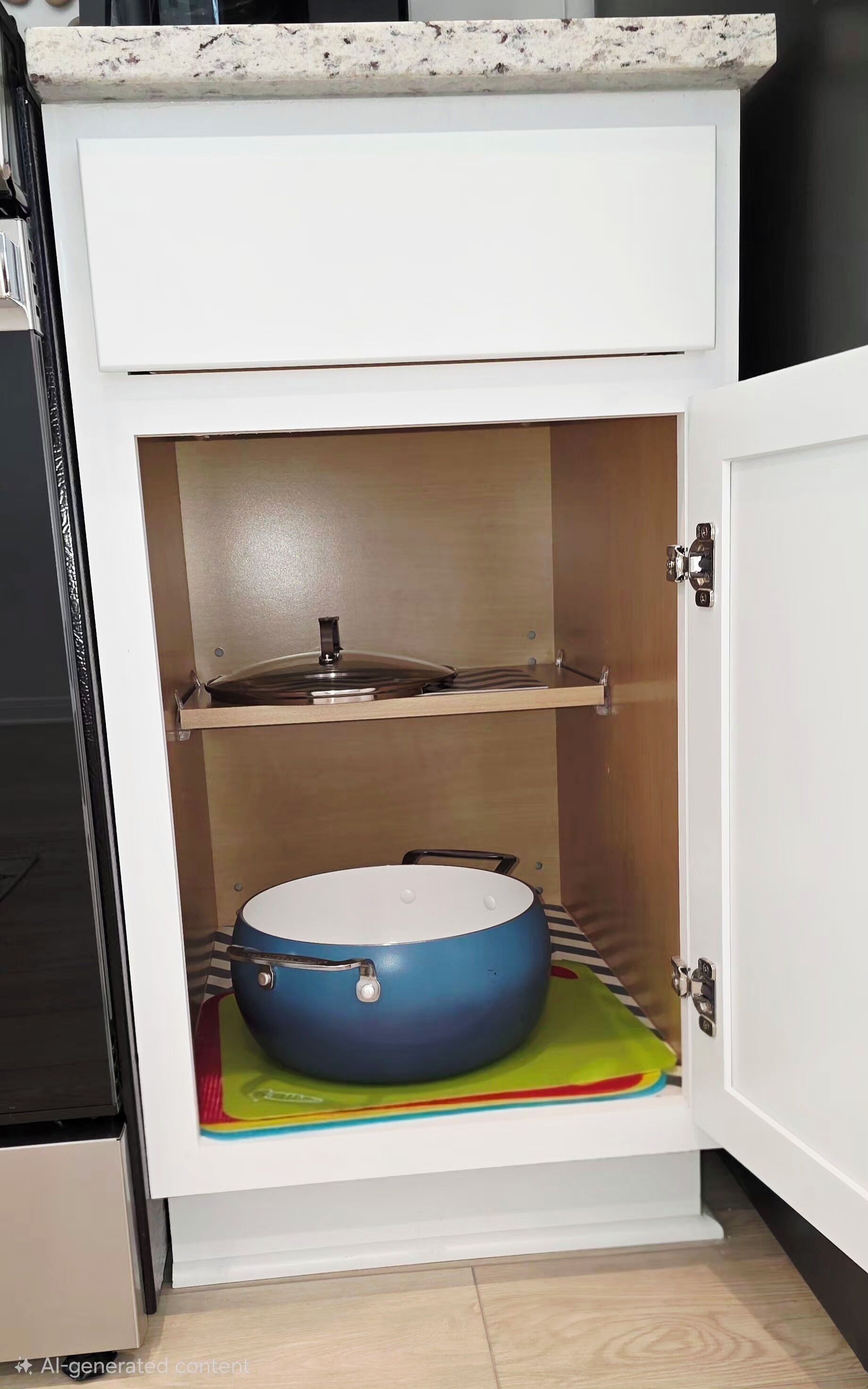 Un meuble de cuisine avec un micro-ondes sur l’étagère supérieure et une casserole bleue sur l’étagère inférieure.