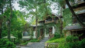 A multi-level wooden house surrounded by lush greenery, with a staircase leading to the upper levels. - Amaya Home Lodge, SPA & Restaurant (Hanoi)