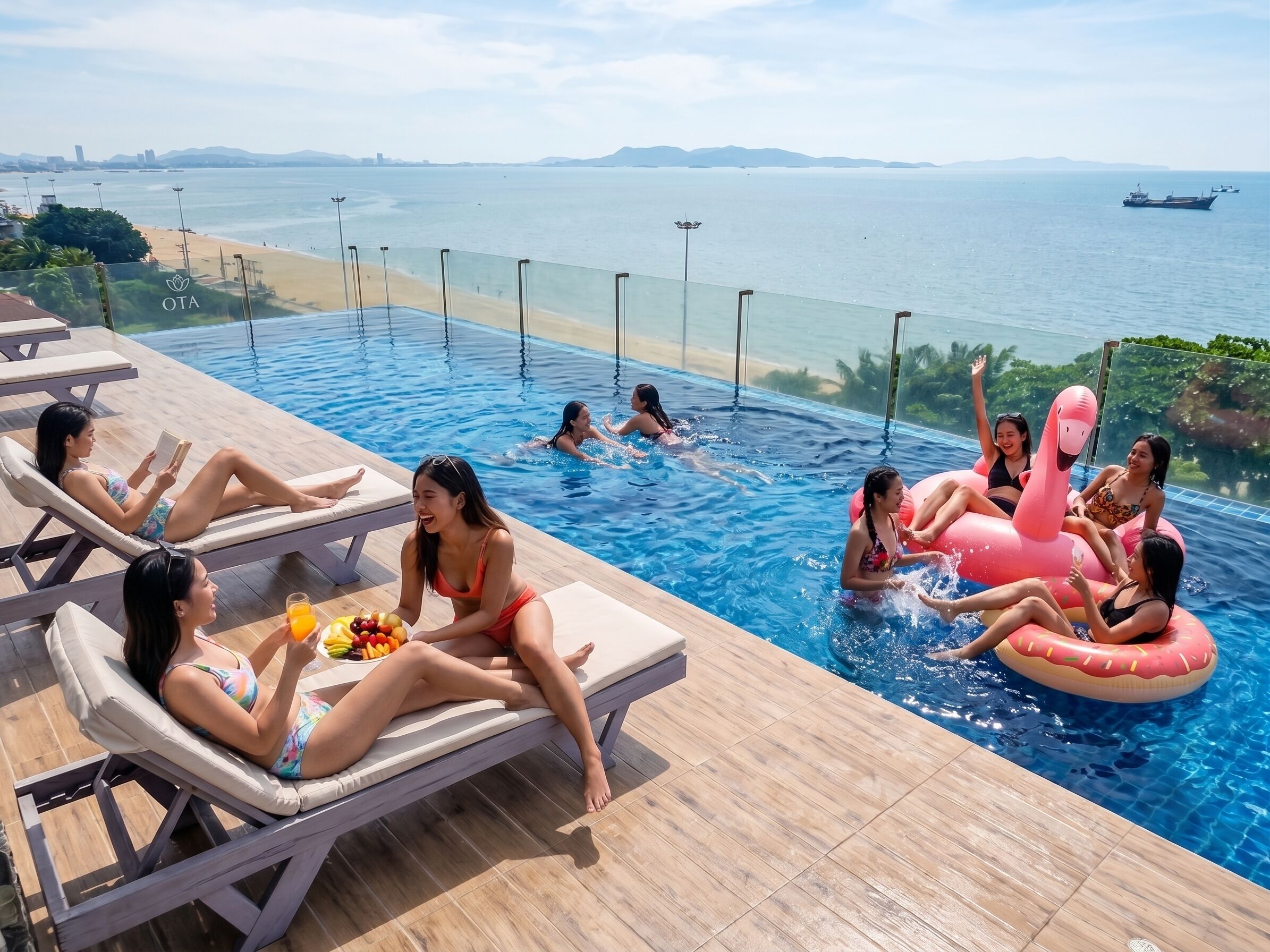 A pool area with lounge chairs and a view of the sea.