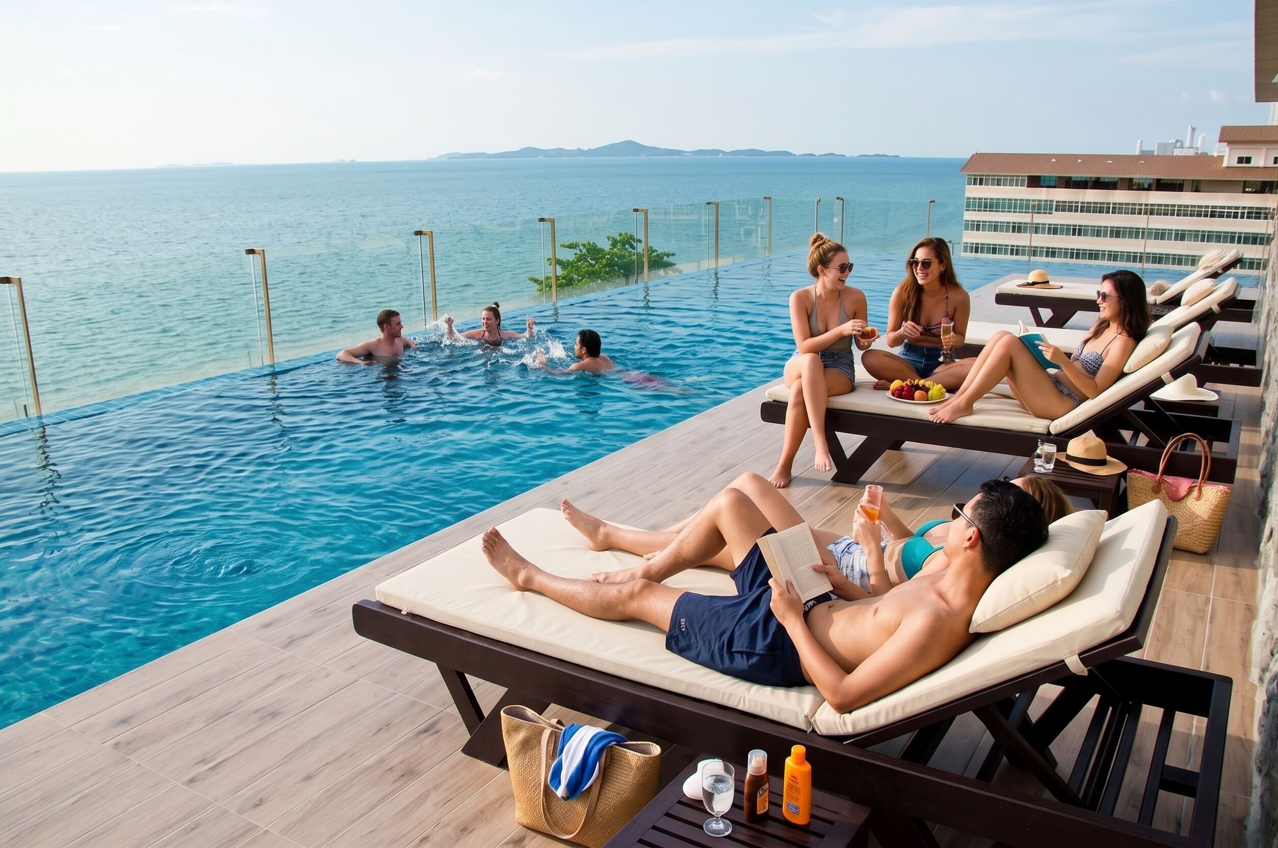 Een zwembadterras met ligbedden, een houten terras en uitzicht op de zee.