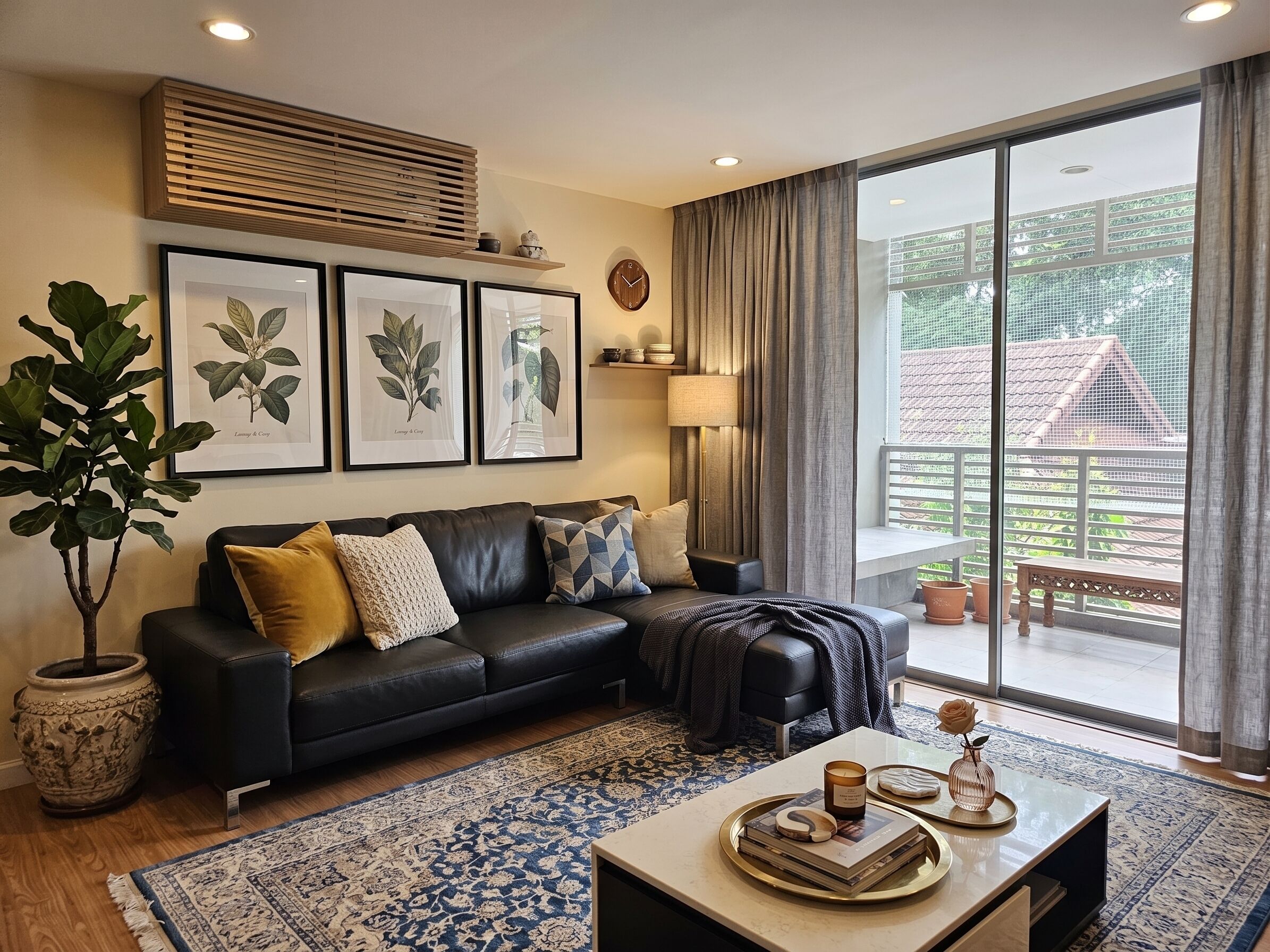 A living room with a black leather sofa, a coffee table with decorative items, a large potted plant, and framed botanical prints on the wall.