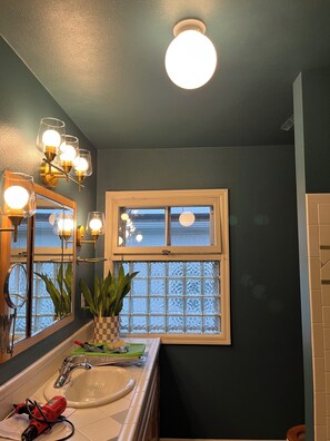 Hair dryer, towels, soap, shampoo