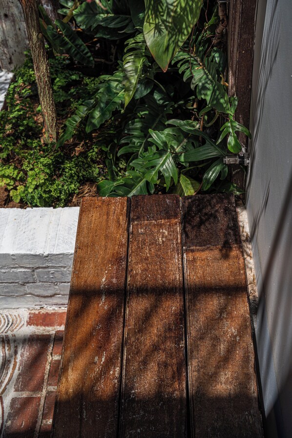 Una terraza de madera con borde blanco, rodeada de exuberante follaje verde.