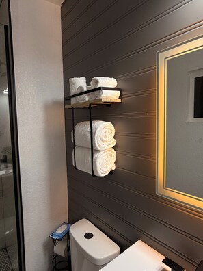 Regadera, amenidades de baño ecológicas, secadora de cabello, toallas 