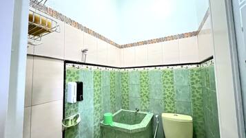 Shower, towels, soap, shampoo