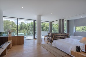 Desk, laptop workspace, blackout curtains, iron/ironing board