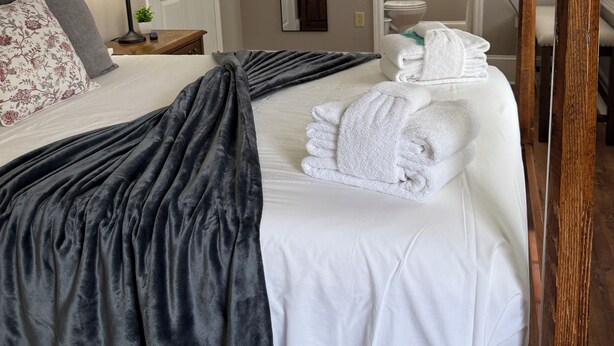 A four-poster bed with white linens and a dark throw blanket, a bedside lamp, a mirror, and a view of the bathroom through an open door. - The Cardinal House 1B in charming Savannah (Savannah)