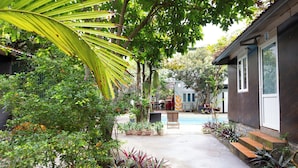 A courtyard with a swimming pool, surrounded by potted plants and a wooden bench. - Cat Ba Countryside Homestay (Hai Phong)