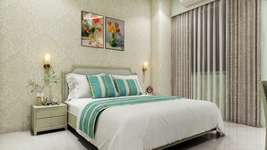 A modern bedroom with a large bed, a nightstand, a wall-mounted air conditioner, and a window with curtains. - STUDIO BY JARDIN  (Indore)
