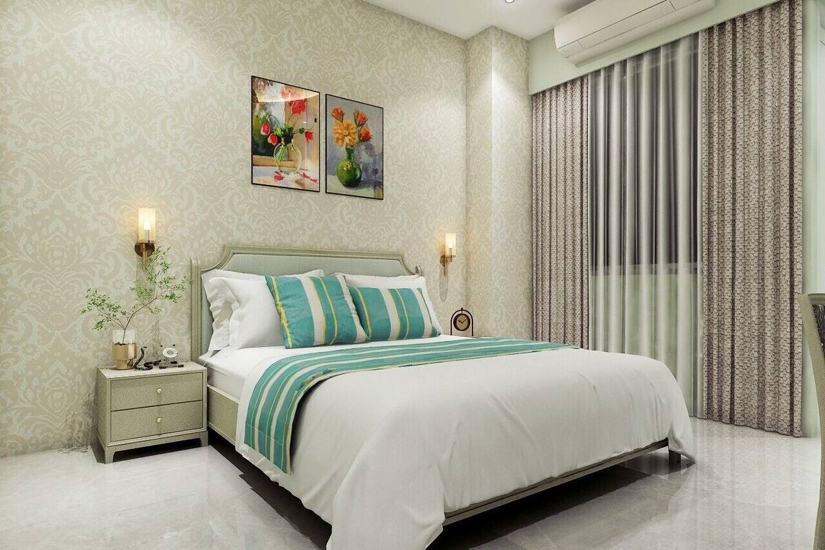 Un dormitorio moderno con una cama grande, una mesita de noche, aire acondicionado instalado en la pared y una ventana con cortinas.