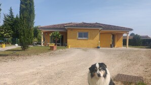 Een huis met een pannendak, een grindpad en een hond op de voorgrond.