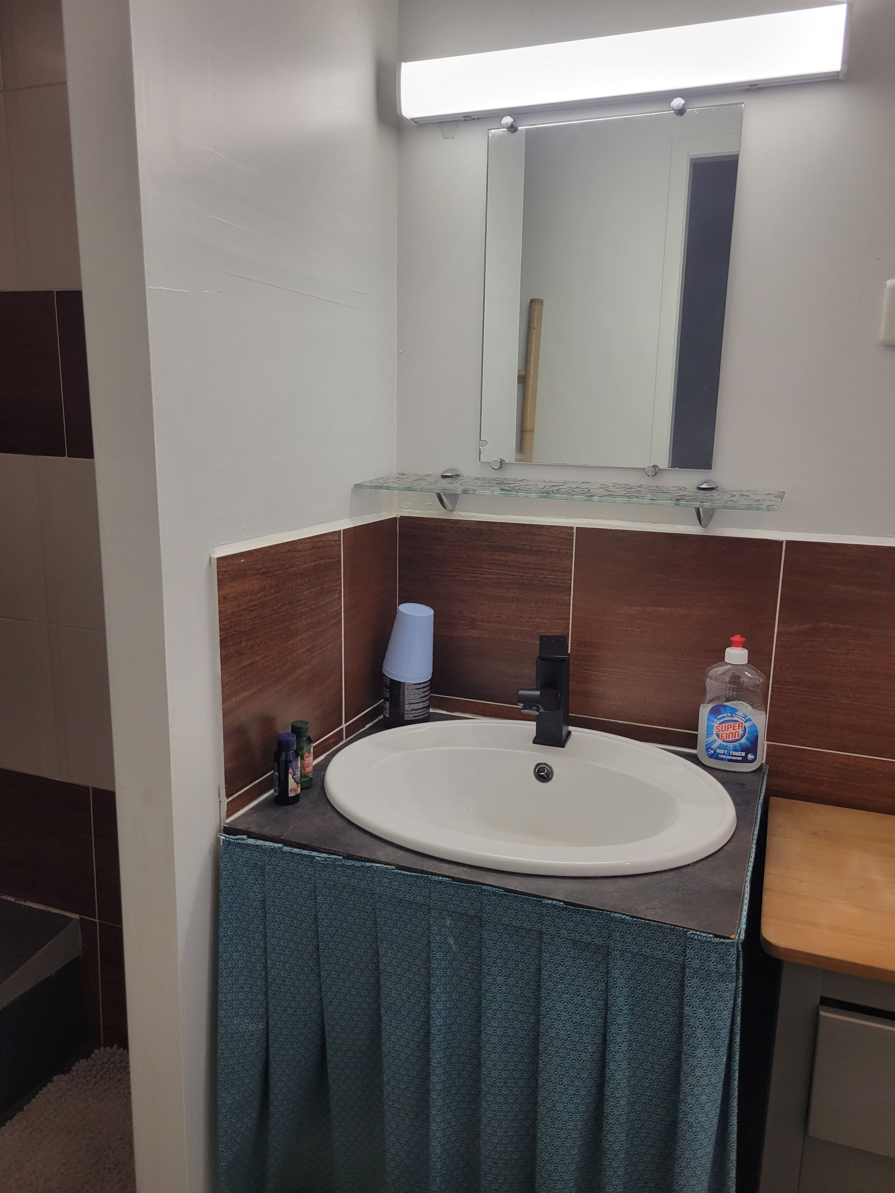 Shower, hair dryer, towels, toilet paper