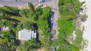 An aerial view of a property with a paved road, parked vehicles, and dense greenery. - By The Sea - by Lifestyle. Brunswick Heads (NEW BRIGHTON)