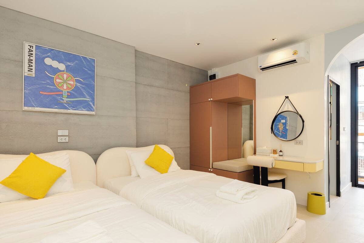 Individually decorated, individually furnished, desk, laptop workspace