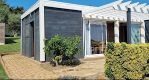 Una casa moderna con fachada oscura, puerta de cristal y entrada con camino pavimentado.