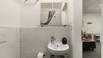 Dusch, gratis toalettartiklar, hårtork och handdukar