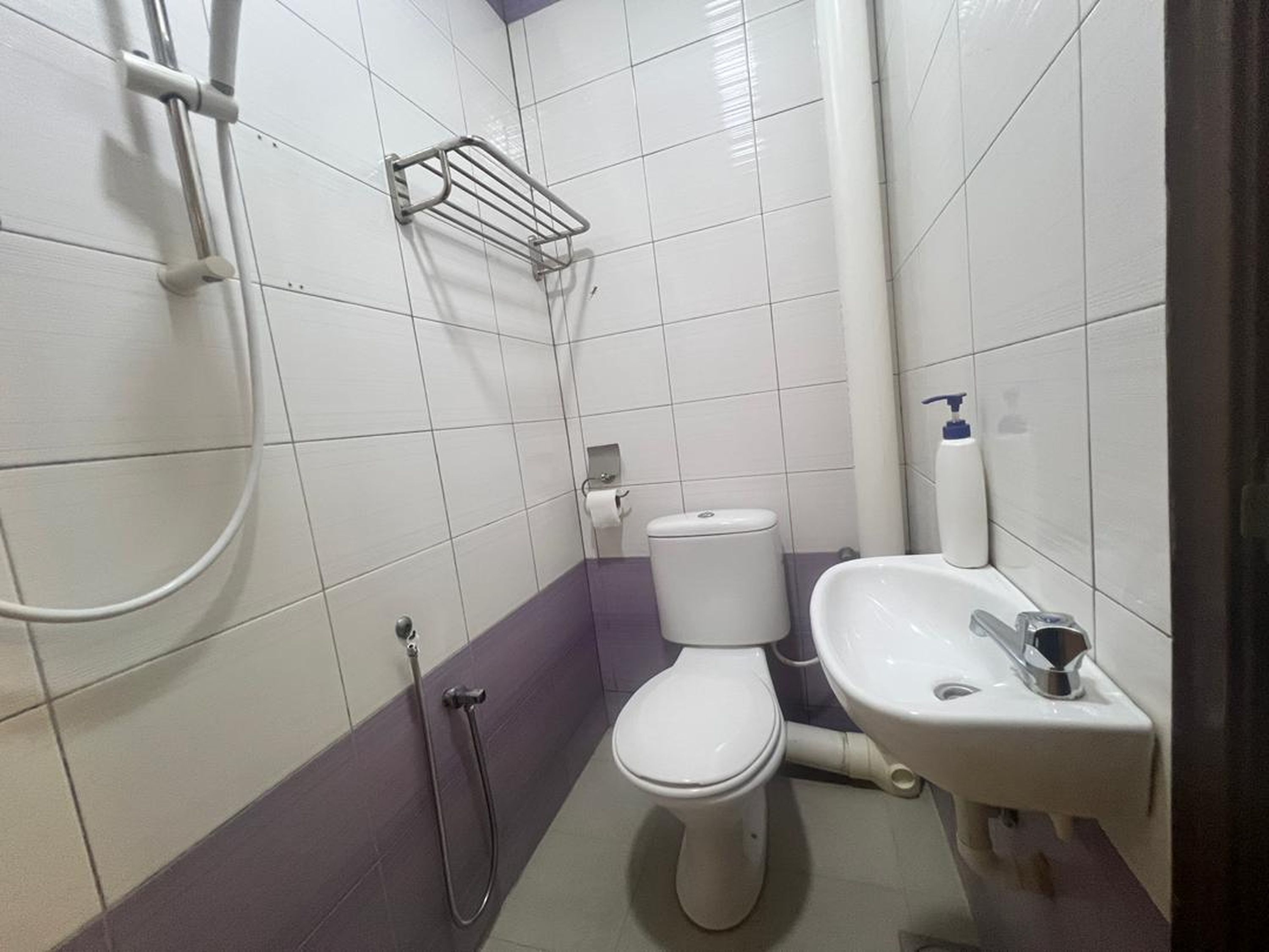 A small bathroom with a toilet, sink, and shower.