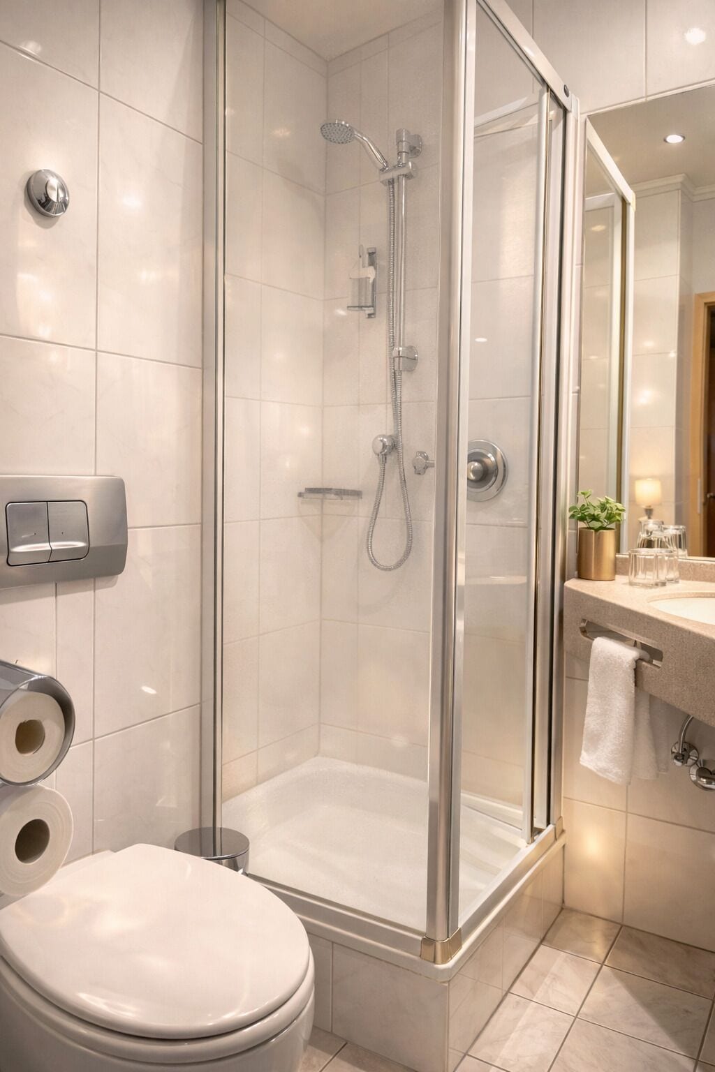 A modern bathroom with a glass-enclosed shower, a toilet, and a sink with a towel rack.