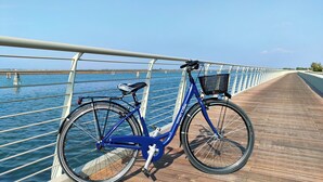 A blue bicycle with a basket on a wooden boardwalk by a body of water.