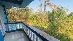 A balcony with a blue railing and a view of a lush green landscape.