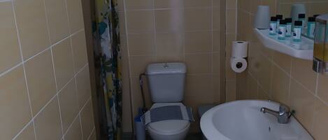 Ein Badezimmer mit Toilette, Waschbecken und Duschvorhang.
