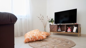 Een woonkamer met een bank, een televisie, een decorrek en een geweven vloerkleed.