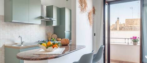 Kjøleskap, ovn, kokeplater og kaffetrakter/tekoker