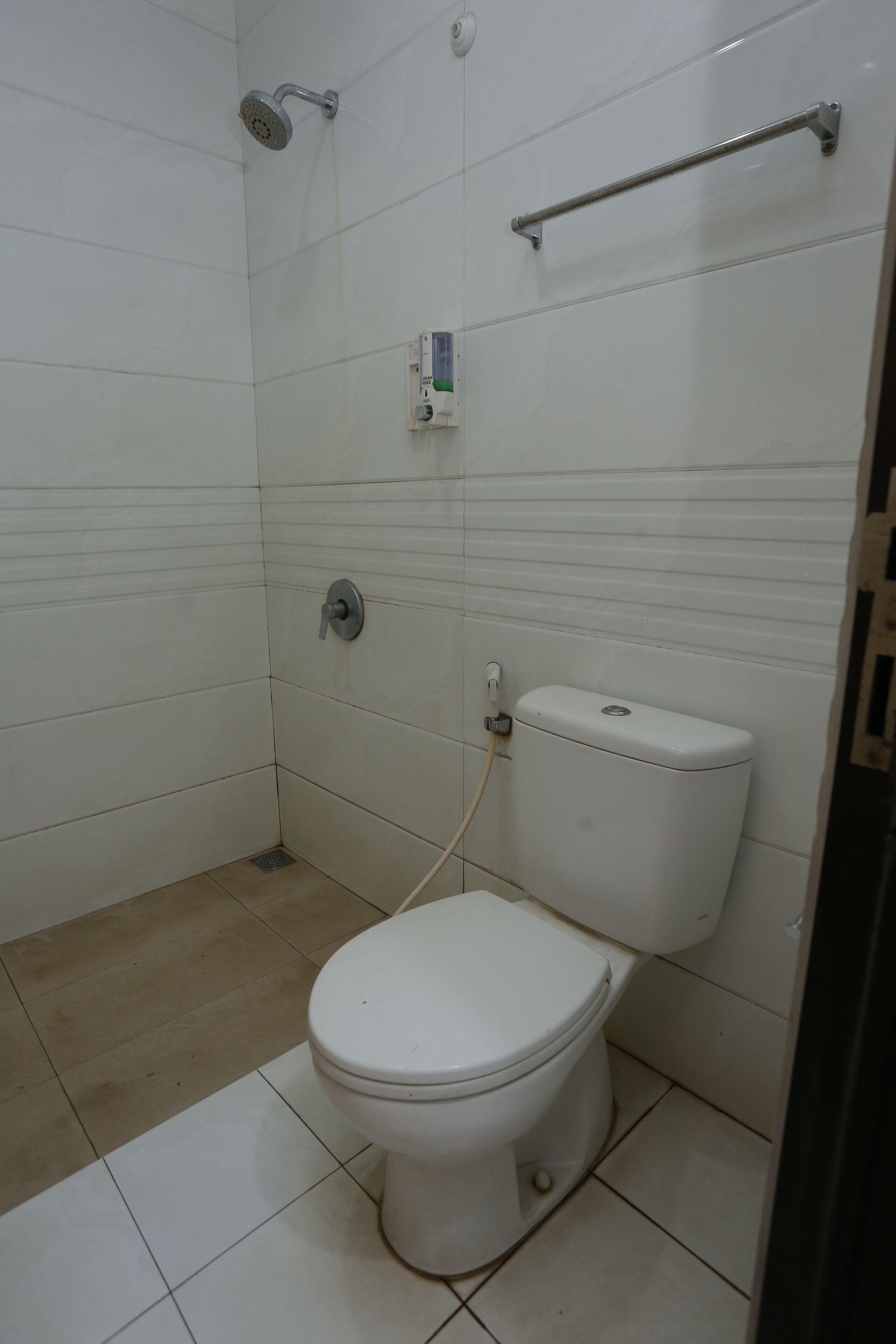 A small, clean bathroom with a toilet, a showerhead, and a handrail.