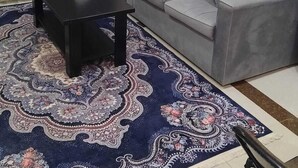 Un salon avec un canapé gris, une table basse noire et un tapis à motifs.