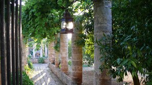 A cobblestone pathway flanked by stone columns and greenery, leading to a structure with a lantern. - Holiday Home 'Villa Riggia - La Masseria' with Wi-Fi and Air Conditioning (Nardò)