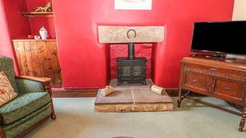 A living room with a red wall, a fireplace, a green armchair, a wooden cabinet, and a television.