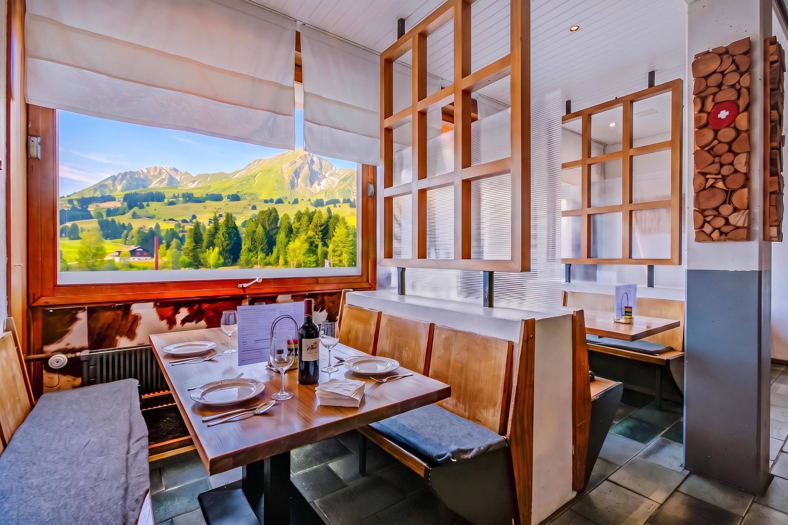 A restaurant with a large window offering a mountain view, wooden furniture, and a menu stand.