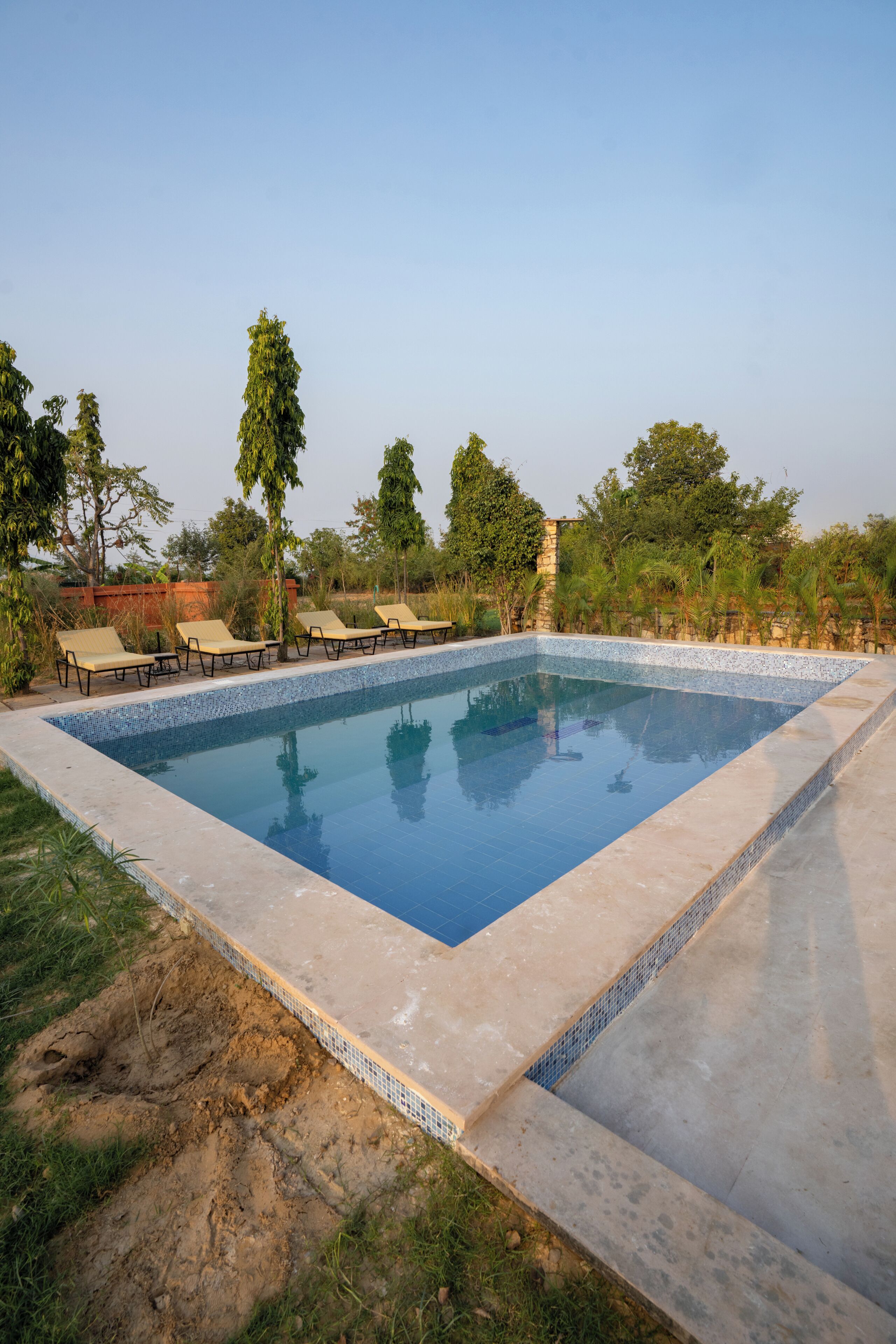 A rectangular swimming pool with a tiled edge, surrounded by lounge chairs and greenery.