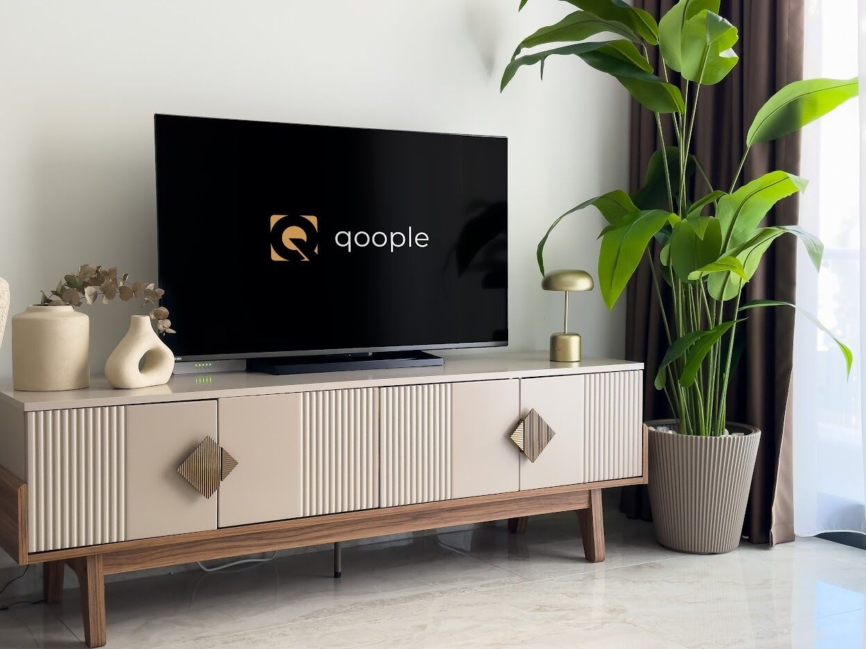 A modern living room with a flat-screen TV on a beige console, a potted plant, and decorative vases.