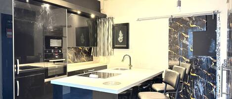 Fridge, microwave, oven, dishwasher