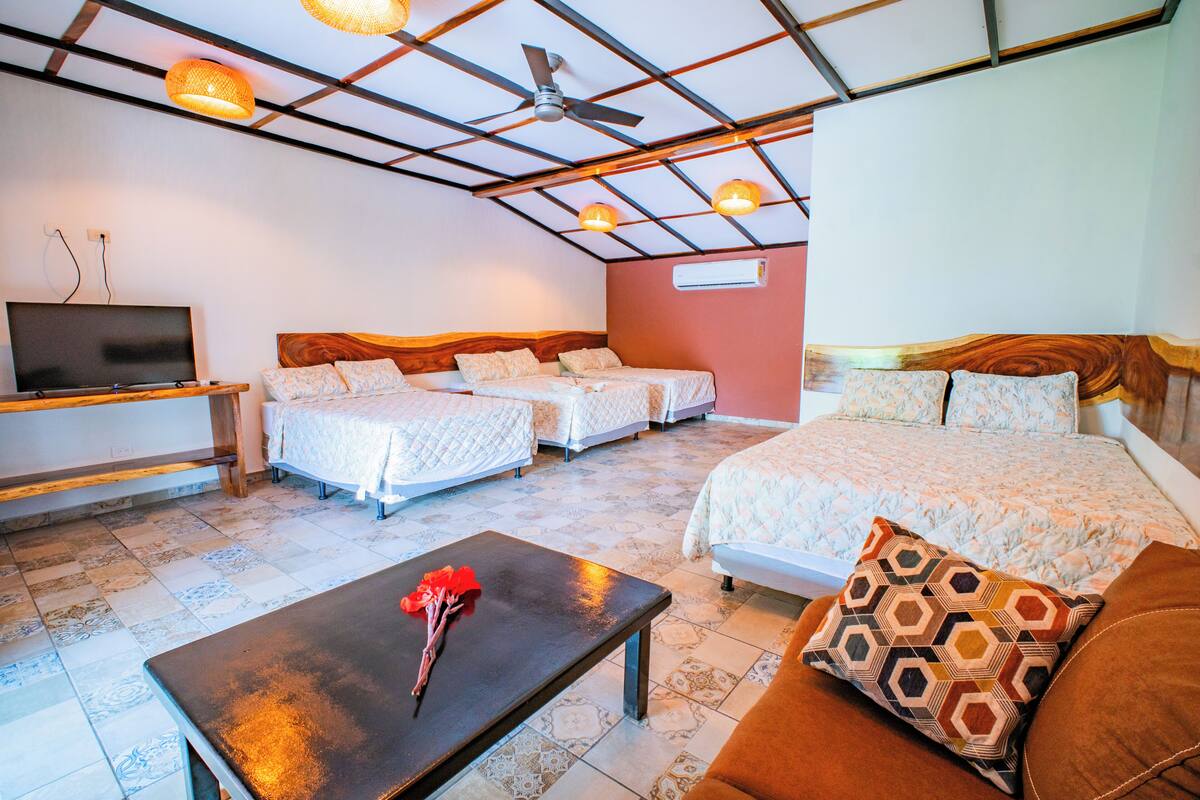 Una habitación de hotel con cama, sofá, televisor y ventilador de techo.