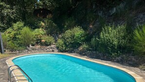 A rectangular swimming pool with a stone border, surrounded by lush greenery and a rocky hillside. - La Boulantie 5-bedroom chalet in quaint Florentin-la-Capelle (Florentin-la-Capelle)
