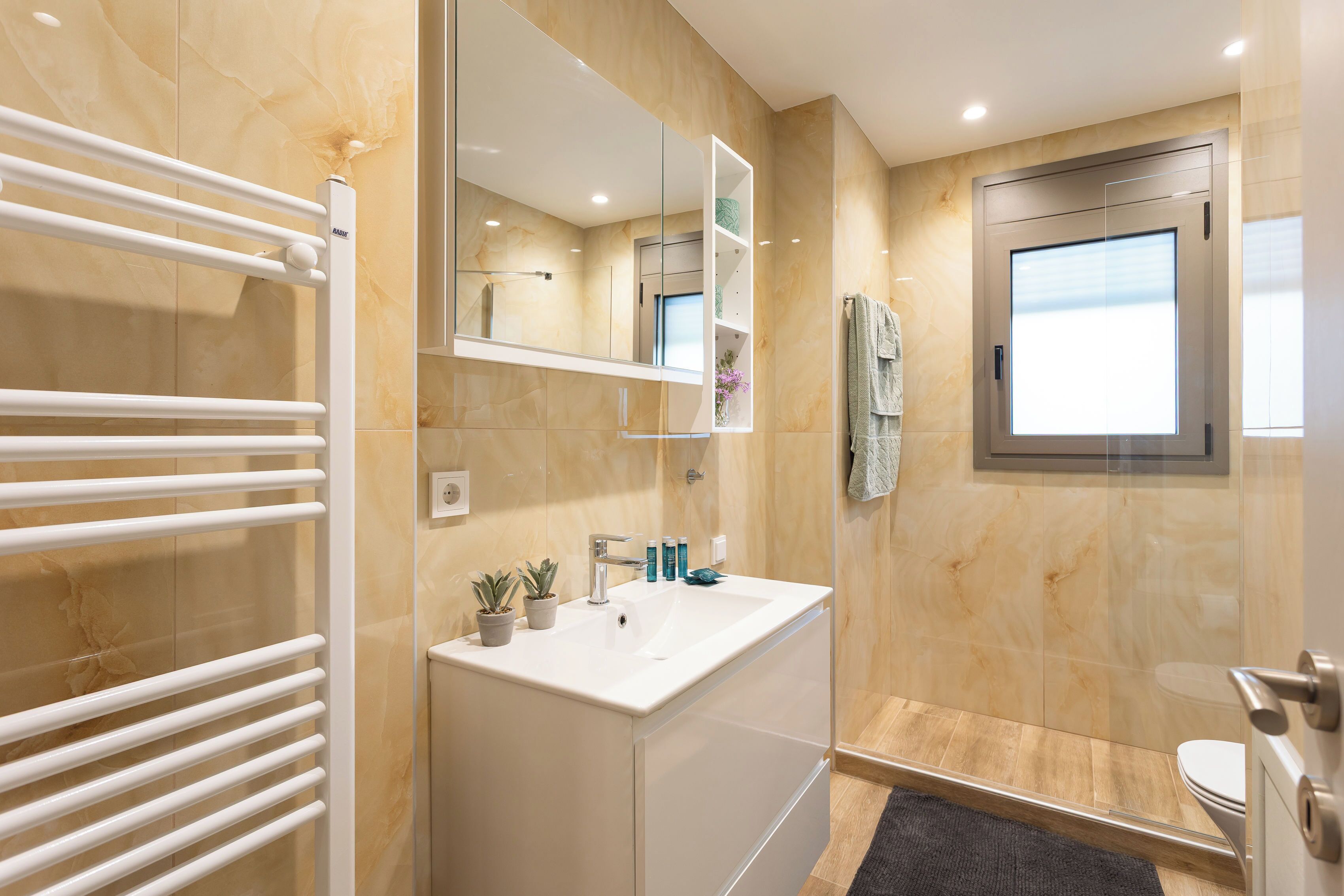 Shower, hair dryer, towels, toilet paper