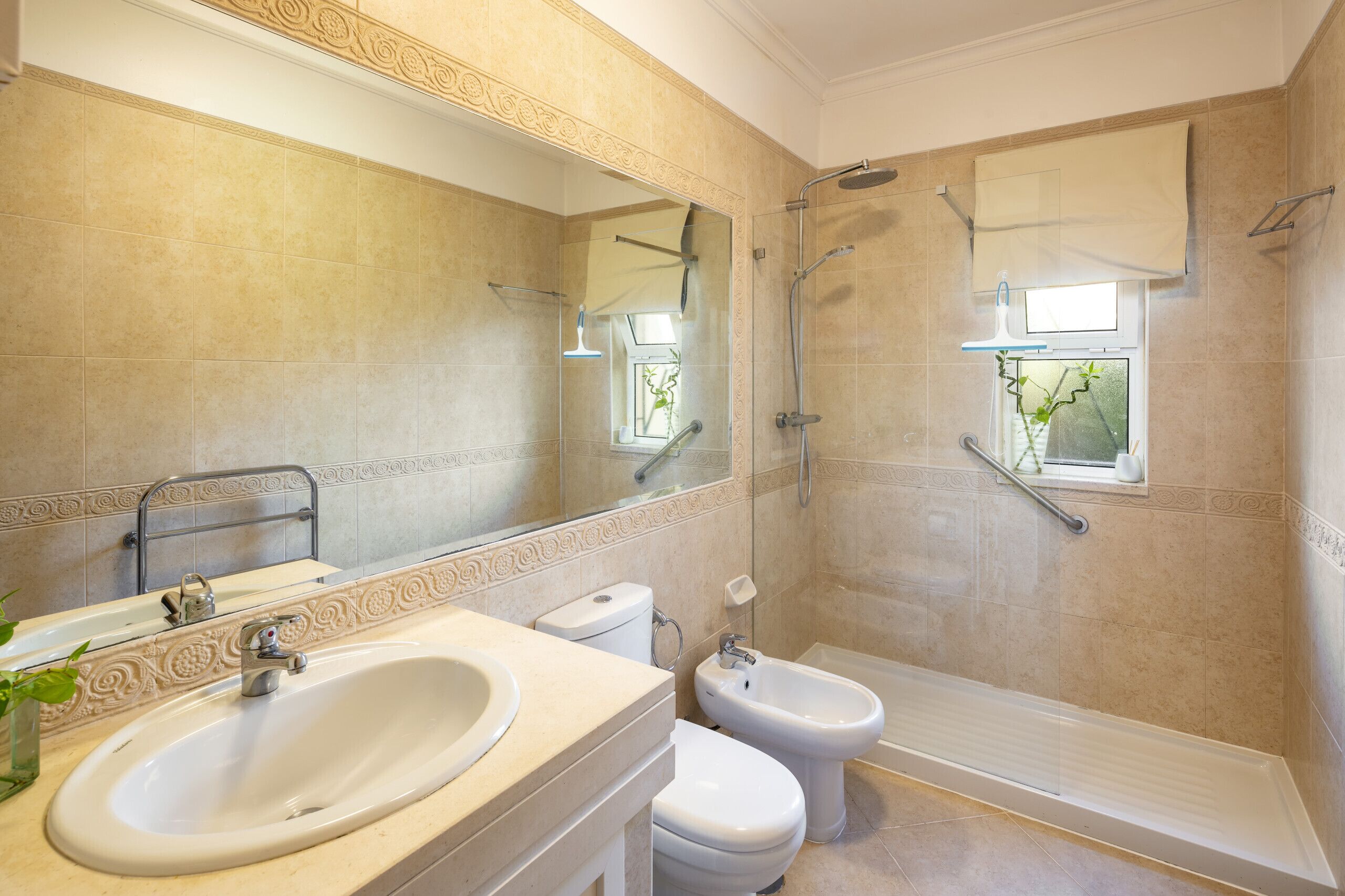 Une salle de bain avec un grand miroir, un lavabo, un bidet et une douche.