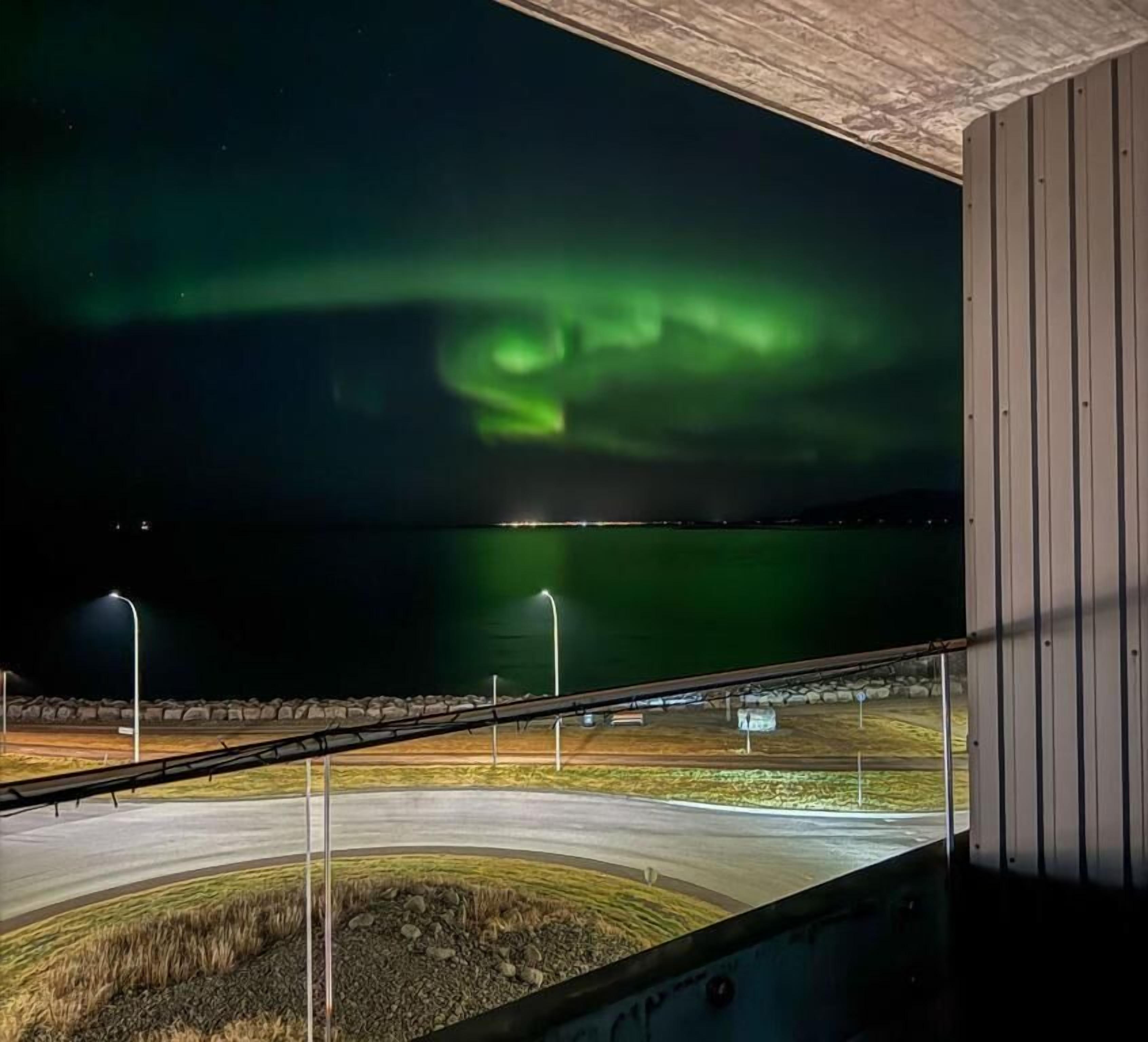 Una vista de las auroras boreales sobre una masa de agua, con una carretera y farolas en primer plano.