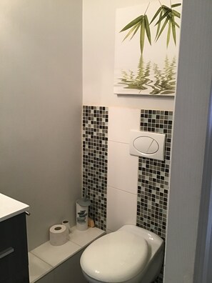 Secador de cabelo, toalhas de banho, sabonete, papel higiênico