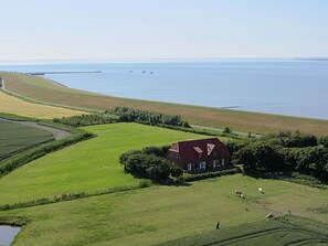 A rural landscape with a house surrounded by green fields and a body of water. - Apartment 'Inselliebe' with Private Terrace, Shared Garden & Wi-Fi (Pellworm)