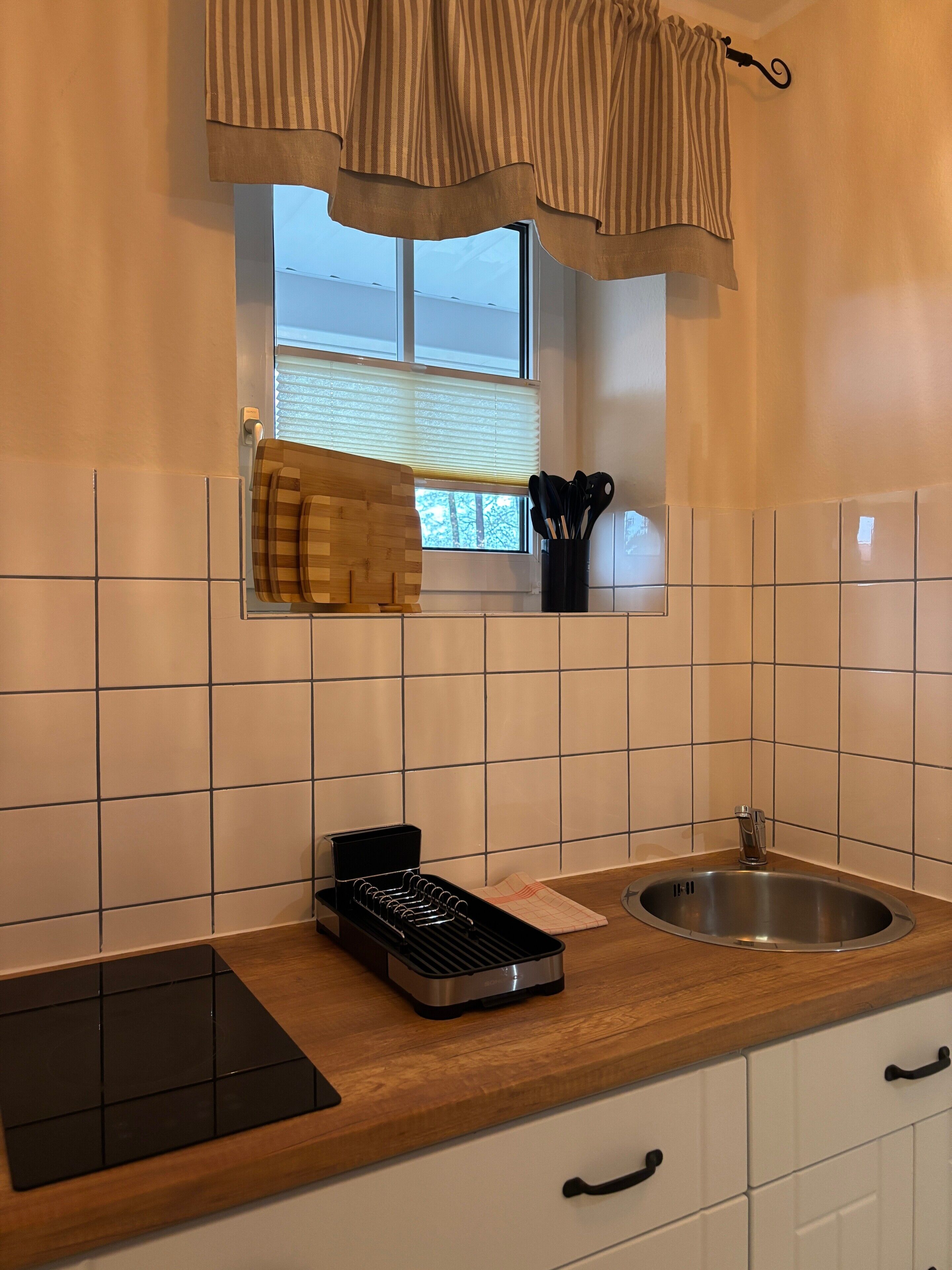 Jääkaappi, mikroaaltouuni, liesi, kahvin-/teenkeitin