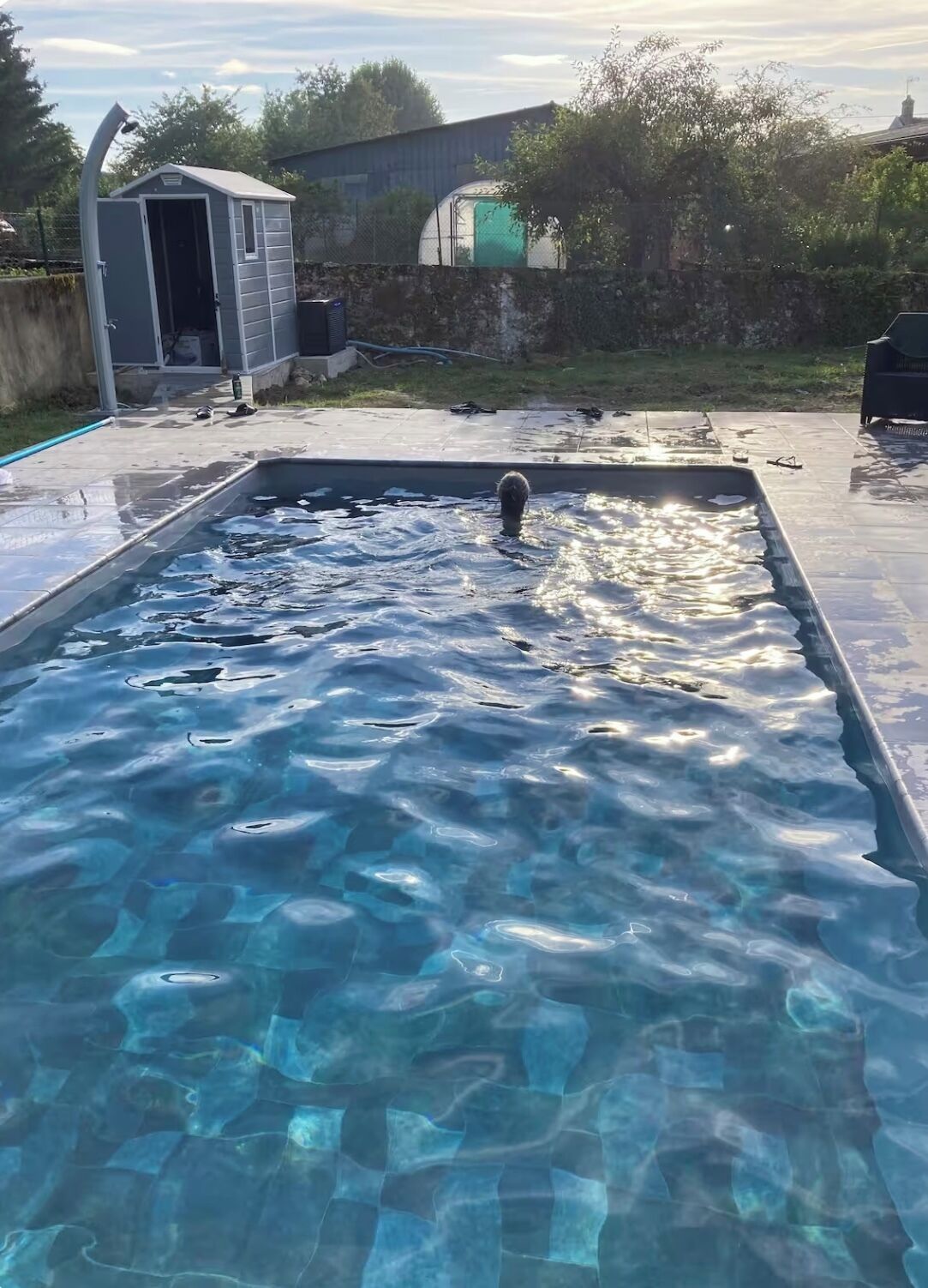 Ein rechteckiger Pool mit klarem Wasser, umgeben von einer Steinterrasse.