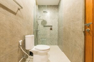 Baño con inodoro, ducha y puerta de madera.