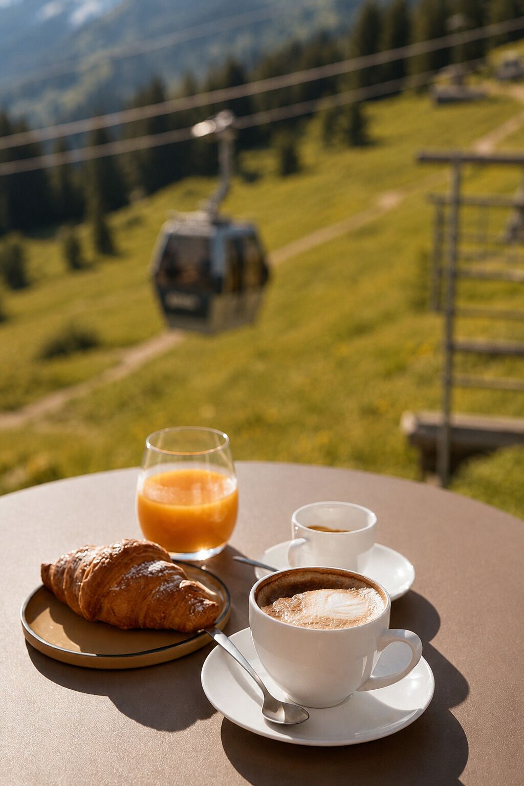 A table with a croissant, a glass of orange juice, and a cup of coffee.